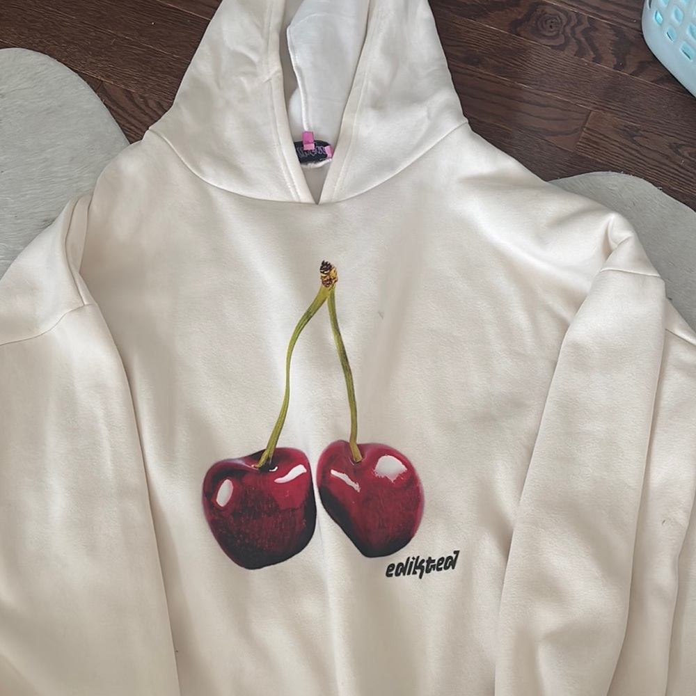 Edikted Cream Hoodie with Cherry Print